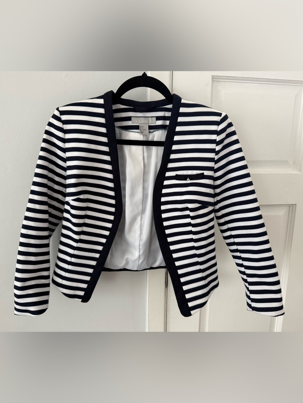 H&M Navy and White Striped Cropped Open-Front Jacket